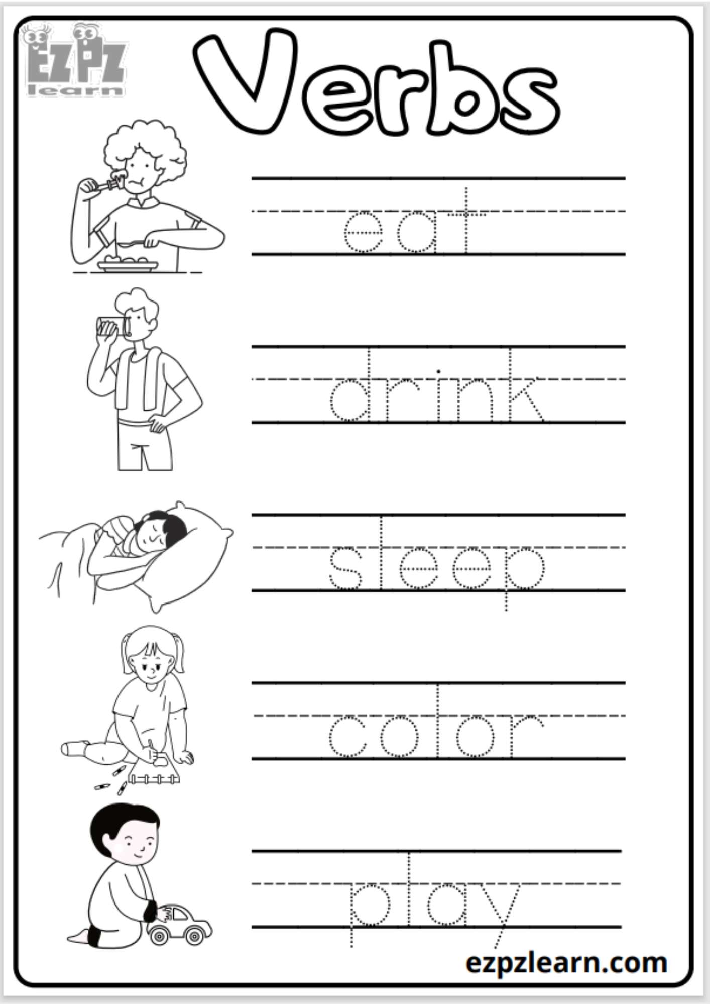 Verbs Tracing 4 Worksheet For Kids Free PDF Download